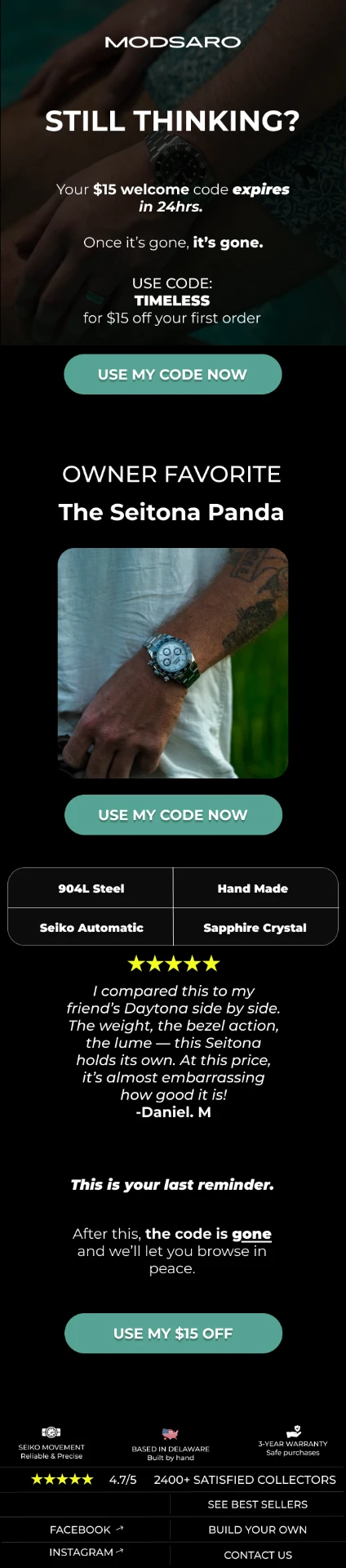 Watch brand abandoned cart email designed by RAW